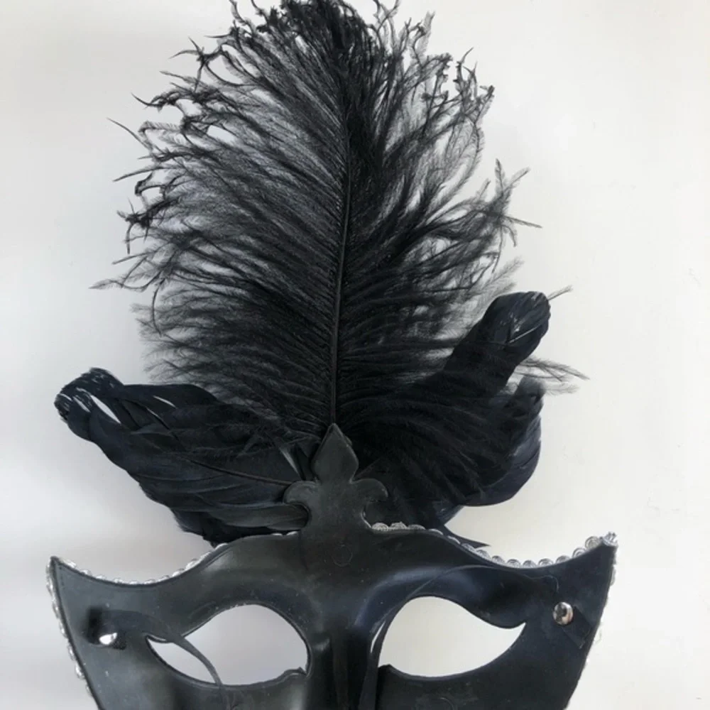 Masquerade Mask Black & Silver with Feathers